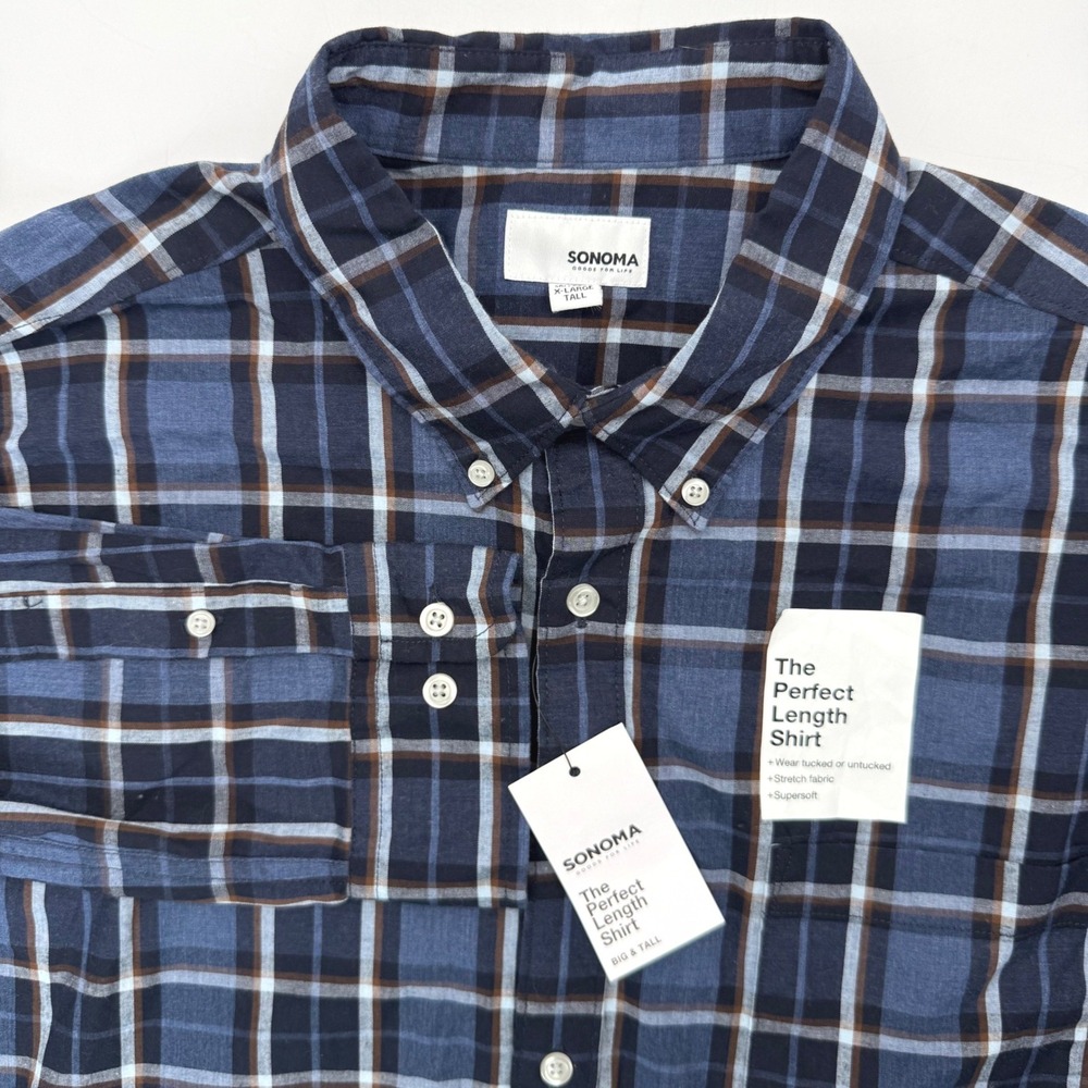 Sonoma Button Down Shirt Mens XL Tall Blue Plaid Perfect Length Stretch Classic
